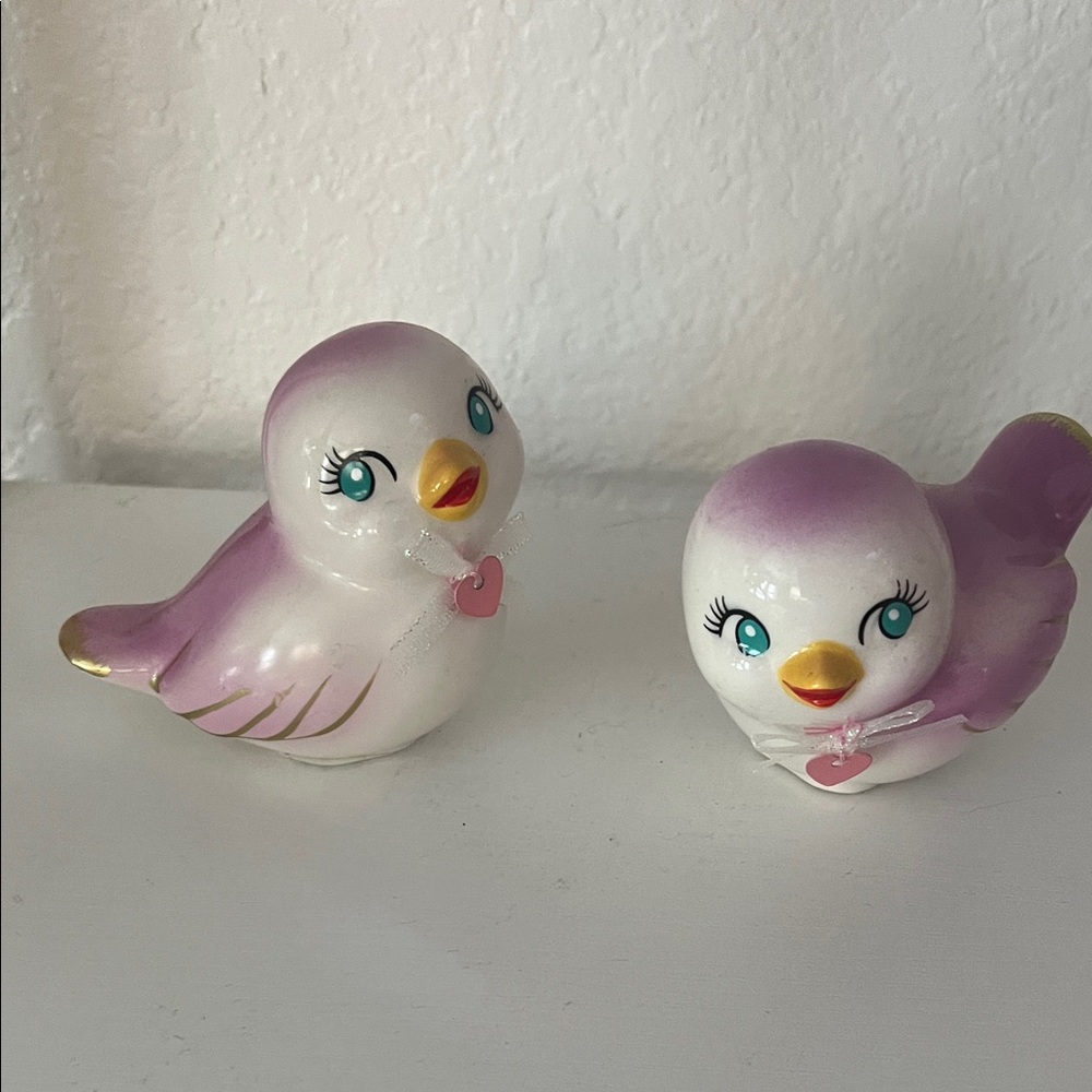 Purple and White Ceramic Bird Figurines